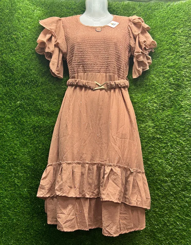 Women’s Brown Smocked Midi Dress with Ruffle Sleeves