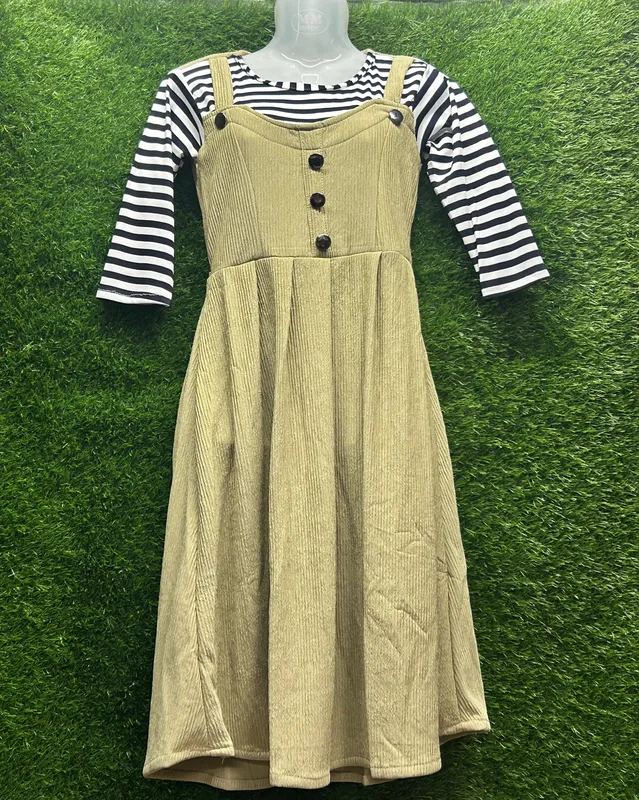 Women’s Mustard Pinafore Dress with Striped Inner
