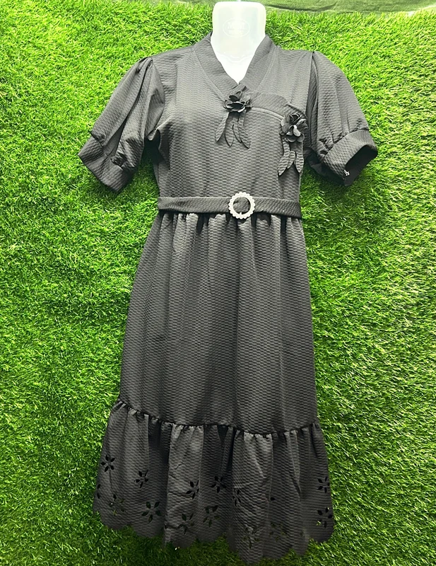 Women’s Black Textured Midi Dress with Floral Detail | Belted Western Dress