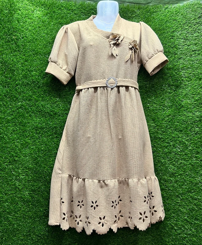 Women’s Beige Textured Midi Dress with Floral Detail | Belted Western Dress