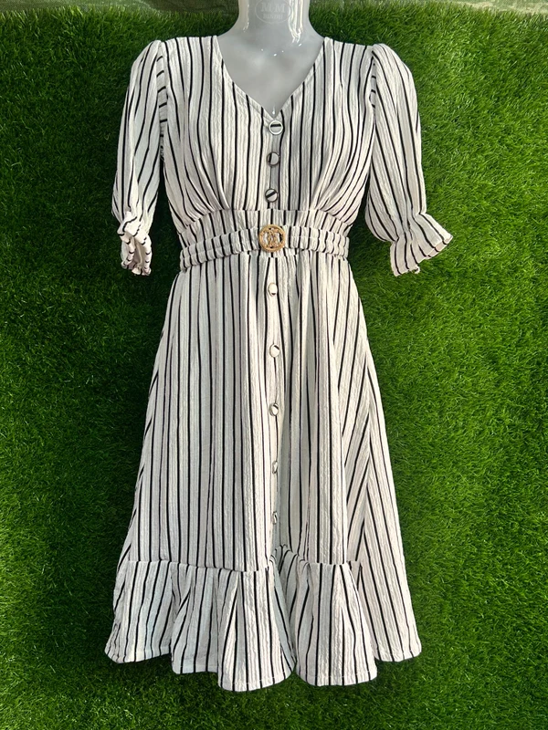 Women’s Beige Vertical Stripe Midi Dress with Belt