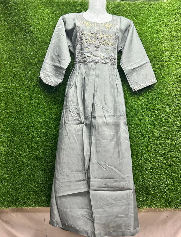 Women's Grey Embroidered Cotton Maxi Dress
