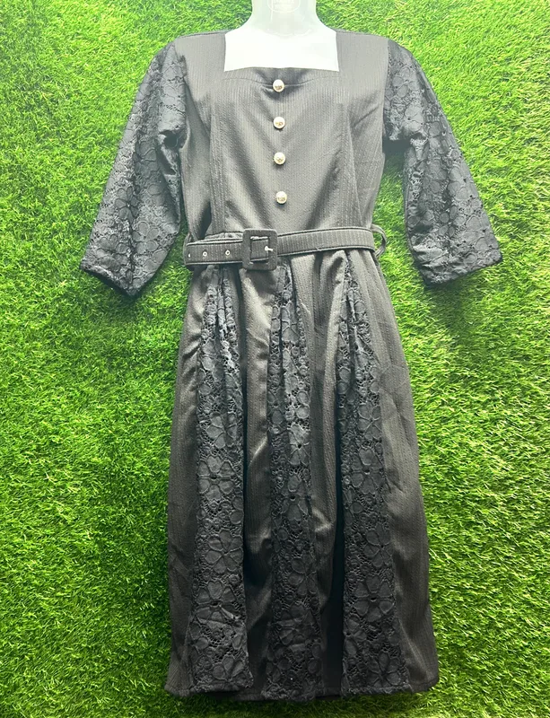 Women’s Black Midi Dress with Lace Panel