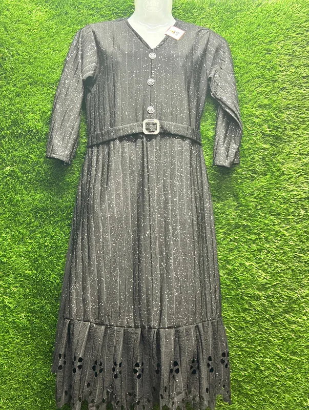 Women’s Black Glitter Stripe Midi Dress with Belt