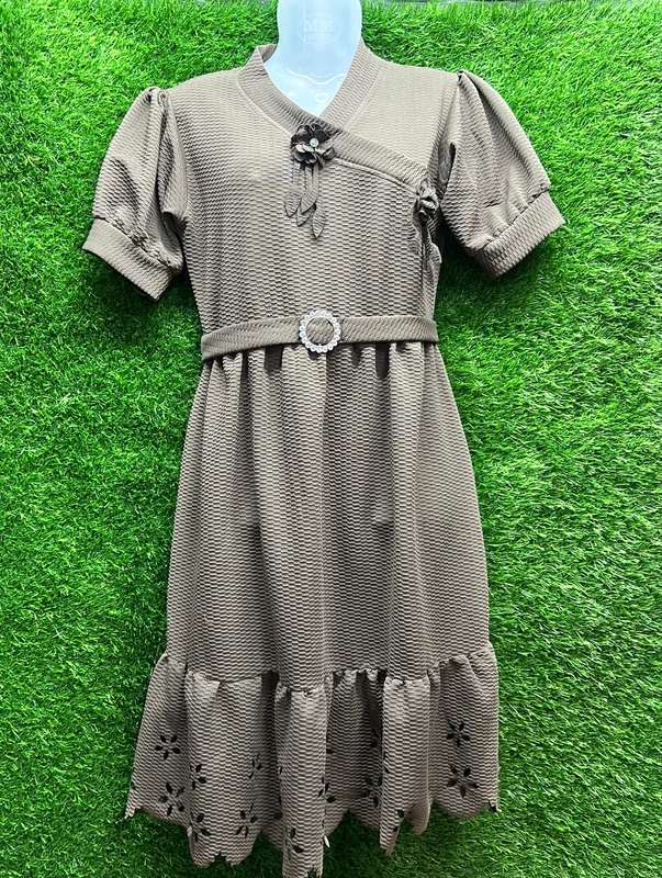 Women’s Chocolate Brown Textured Midi Dress with Floral Detail | Belted Western Dress