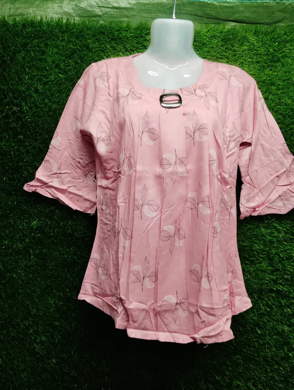 Light Pink Leaf Print Top (Metal Loop Neck)