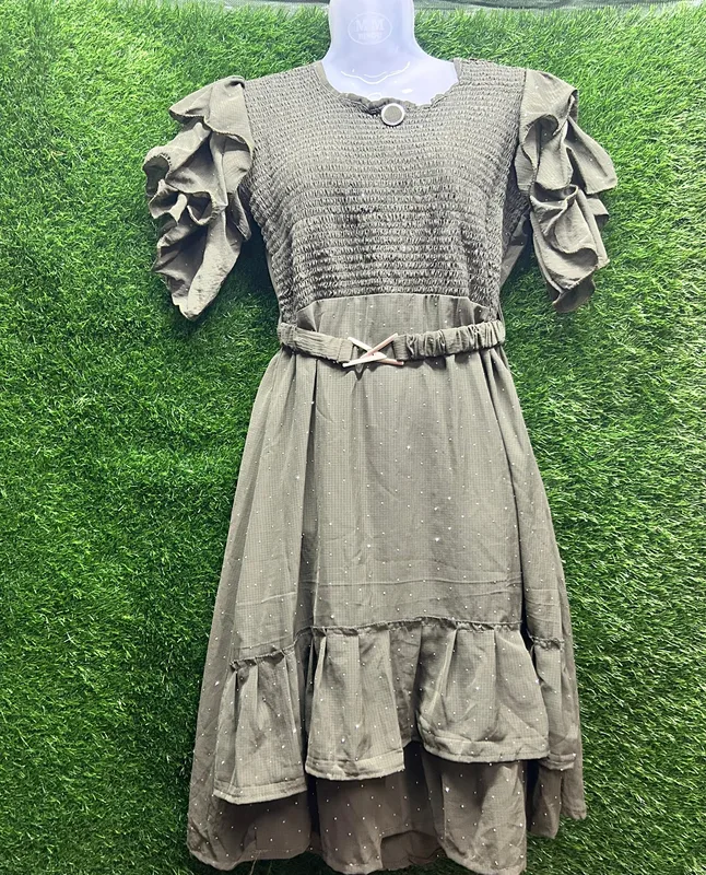 Women’s Dark Green Smocked Midi Dress with Ruffle Sleeves | Belted Western Dress