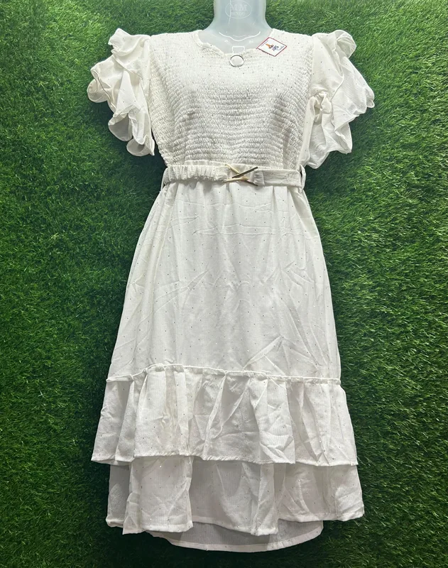 Women’s White Smocked Midi Dress with Ruffle Sleeves