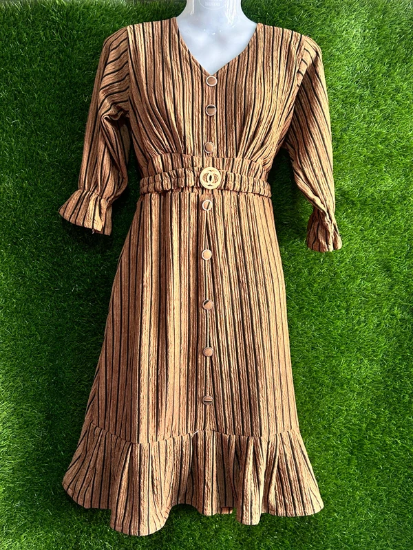 Women’s Brown Striped Midi Dress with Belt | Puff Sleeve Western Frock