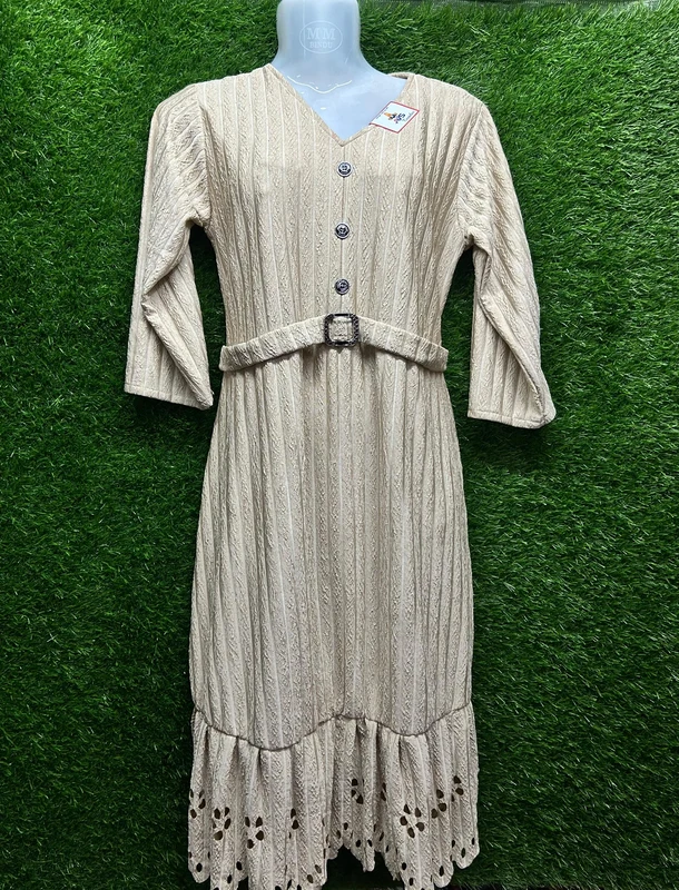 Women’s Beige Textured Midi Dress with Belt | Elegant V-Neck Western Dress